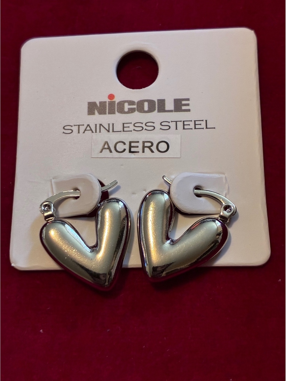 Stainless Steel Puffy Heart Hoops - Silver tone